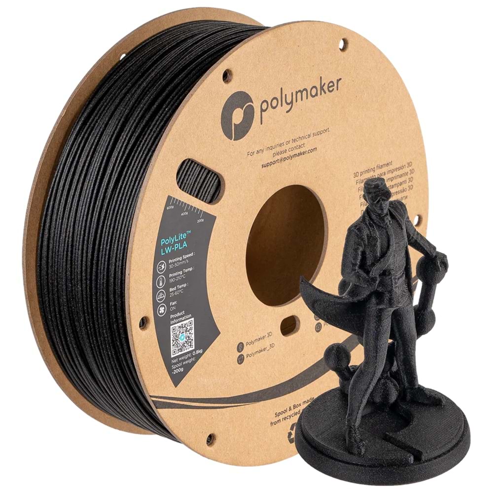 PolyLite LW-PLA Filament Siyah – Hafif ve Stabil 3D Baskı