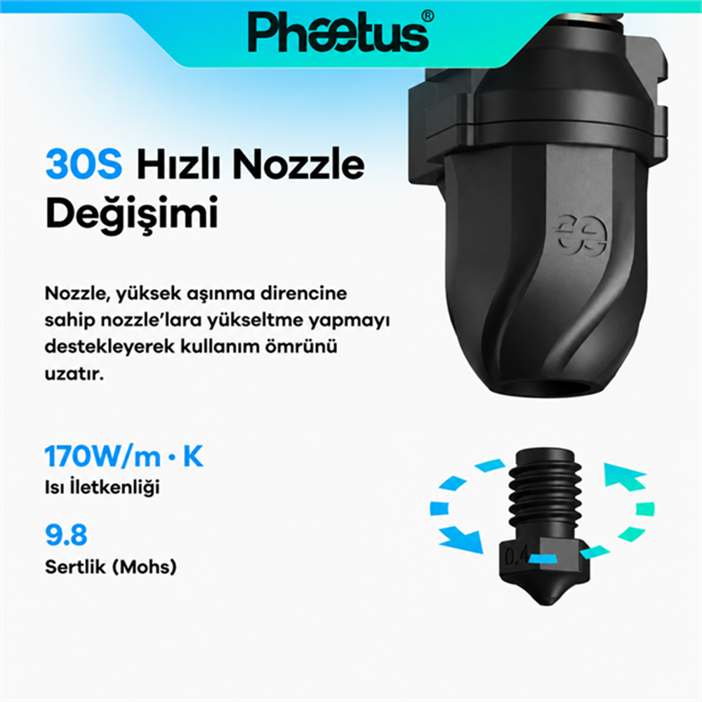 Phaetus AD5M/AD5M Pro 0.4mm Değiştirilebilir Nozzle Conch M6 Endcoat Hotend - Flashforge Hotend